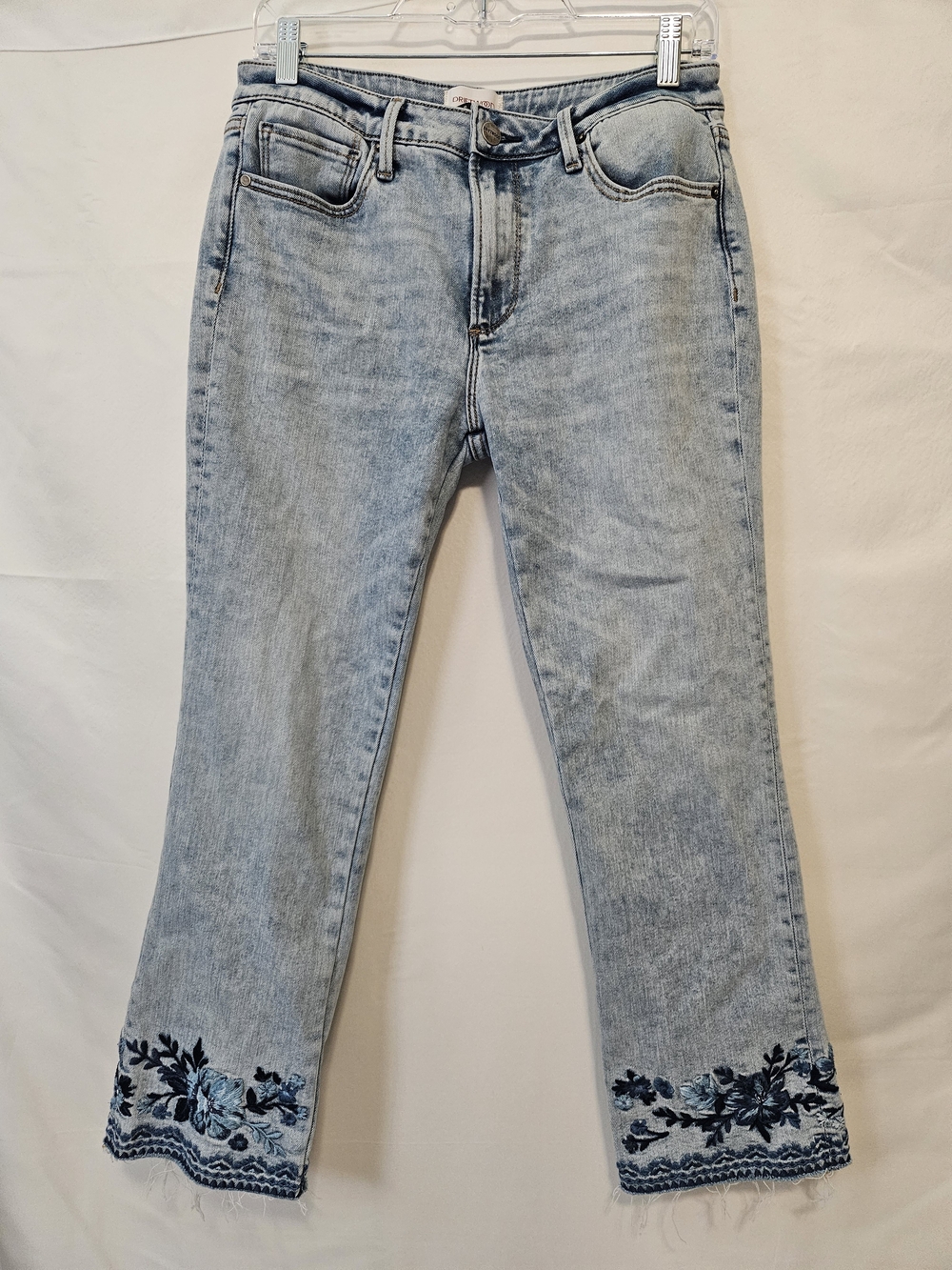 DRIFTWOOD Light Wash Cropped Flare Jeans with Blue Floral Hem Embroidery